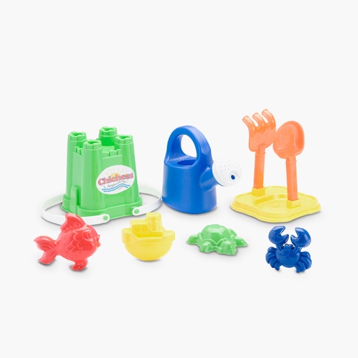 [990] 424 Chichess Balde castillo, regadera, cernidor, pala y rastrillo Ch, 4 moldes