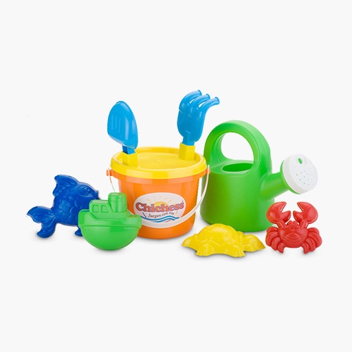 [985] 690 Chichess Balde, regadera, cernidor, pala y rastrillo Ch, 4 Moldes