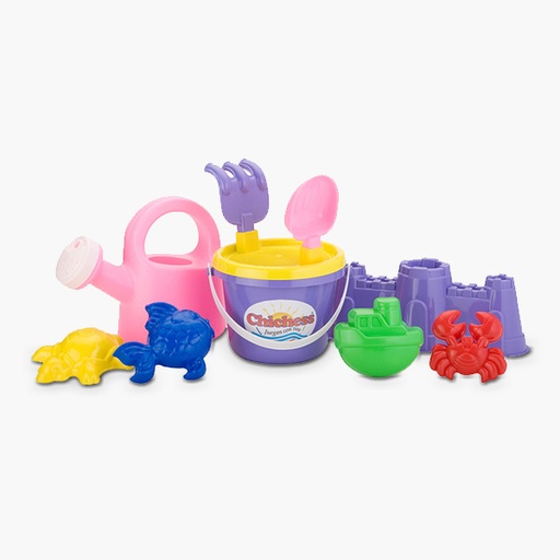 [1000] 815 Chichess Balde, regadera, cernidor, pala y rastrillo Chico, 4 moldes, castillo